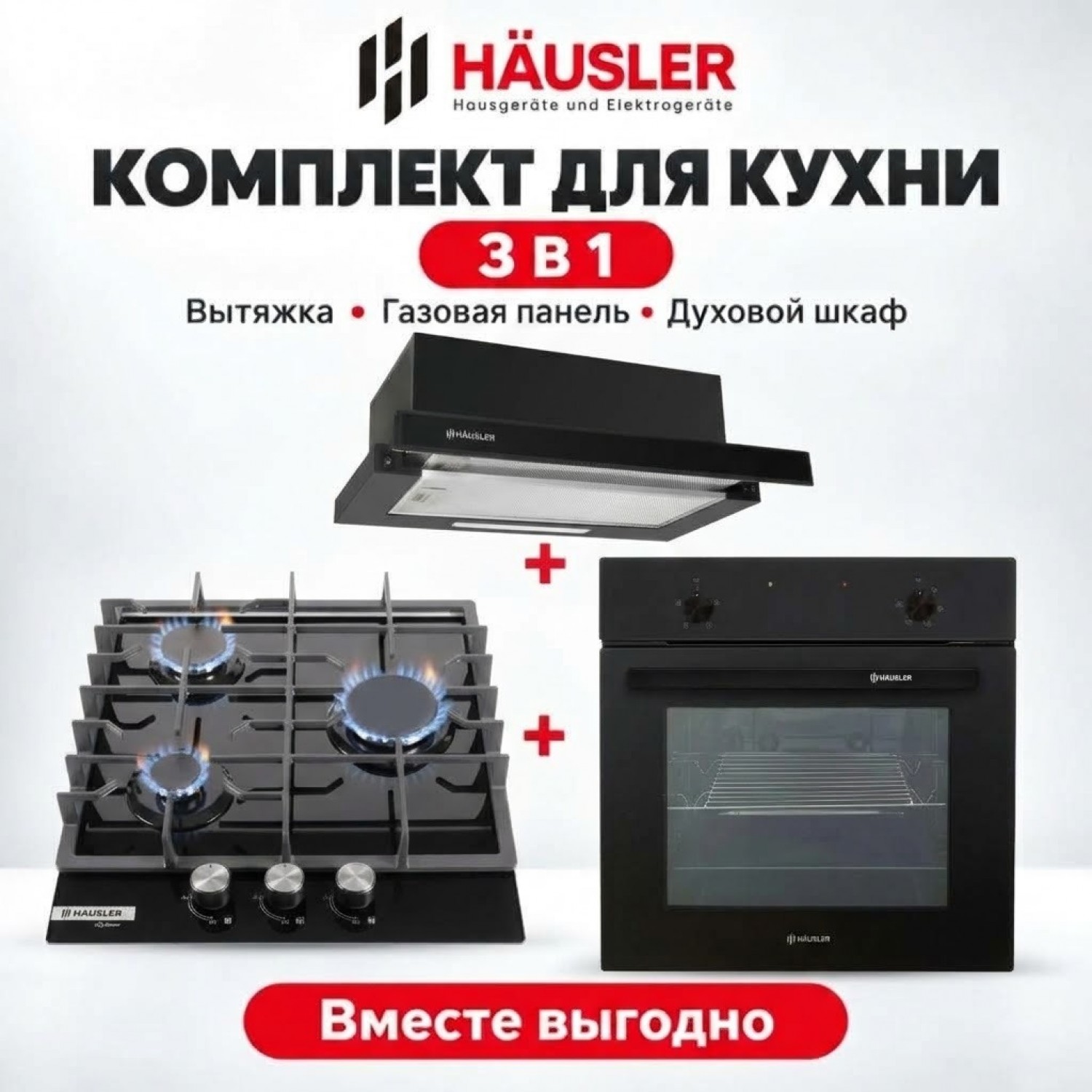Газовая варочная поверхность HAUSLER HLS-45BG1WK  + Духовой шкаф HAUSLER HLS-BI67BL4MFB + Вытяжка HAUSLER HTS-60-BK-130W