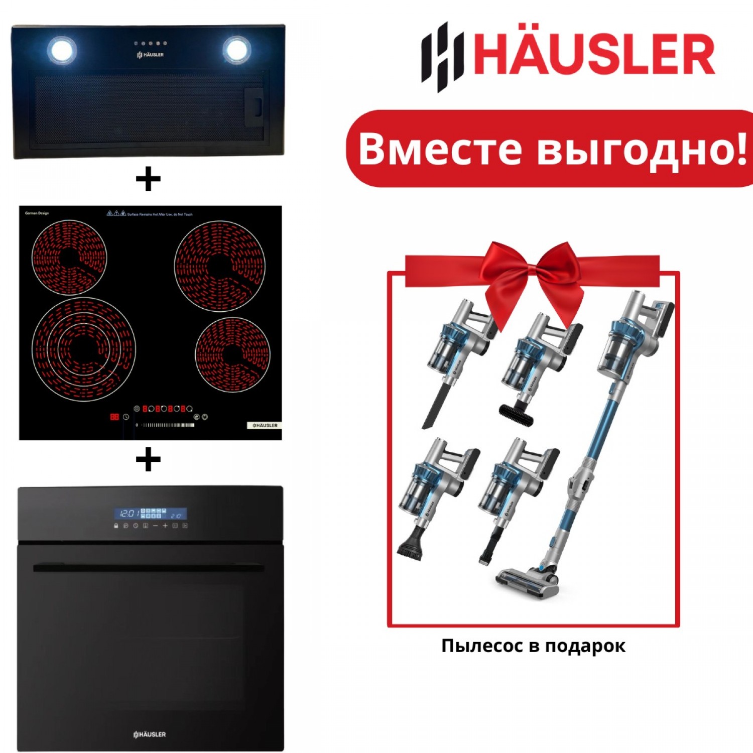 Духовой шкаф HAUSLER HLS-BI61BSG10FBL + Кухонная вытяжка HAUSLER HLS-BI60BL750 + Варочная поверхность HAUSLER 65HLB4S3+Вертикальный пылесос HAUSLER HLS-01FT0SСAGS BLUE